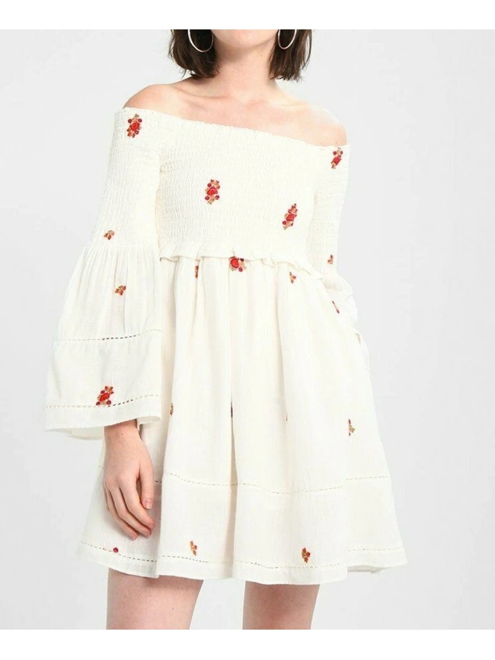 Off-Shoulder White Mini Dress with Red Floral Embroidery